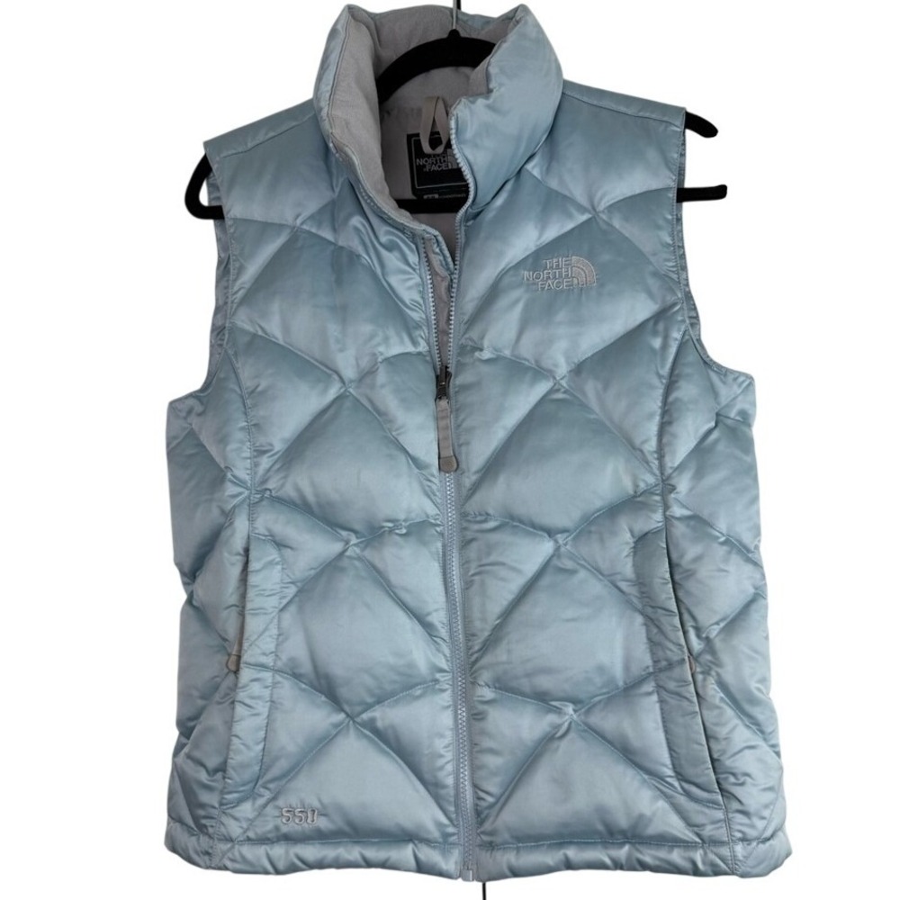 The North Face 550 Down Puffer Vest Ice Blue Fleece Collar Small